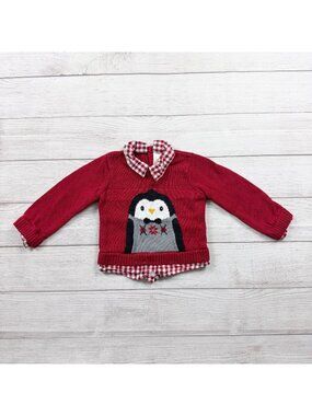 Wonder Nation Baby Red Penguin Sweater Gingham Collar 12-18 Months